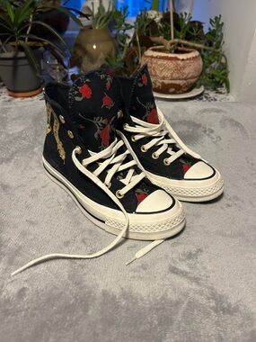 Converse Black Floral High-Top Sneakers with Red Accents
